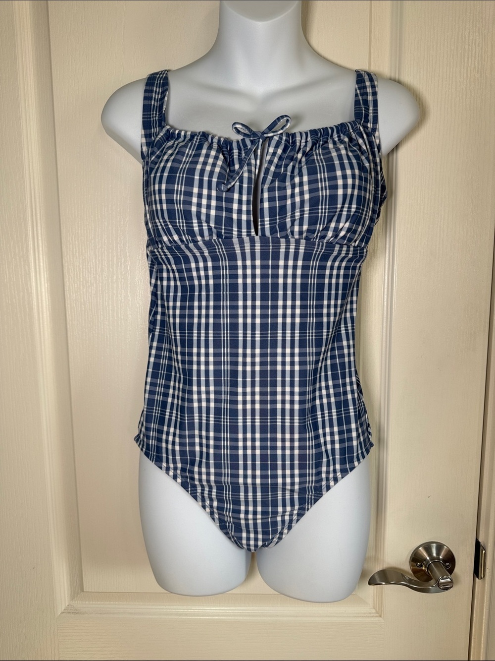 Kona Sol Blue Plaid One Piece Swimsuit Ruched Tie Front Size Medium